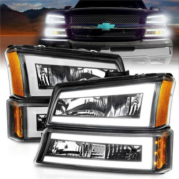 Crystal Headlights with Light Bar Black Housing Fits for 2003-2006 Chevrolet Silverado 1500