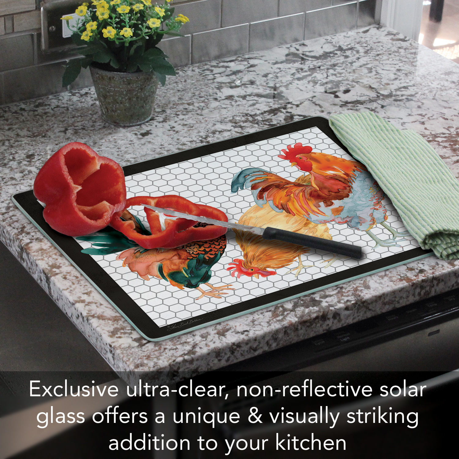 CounterArt Whimsical Roosters 3mm Tempered Glass Cutting Board 15" by 12"