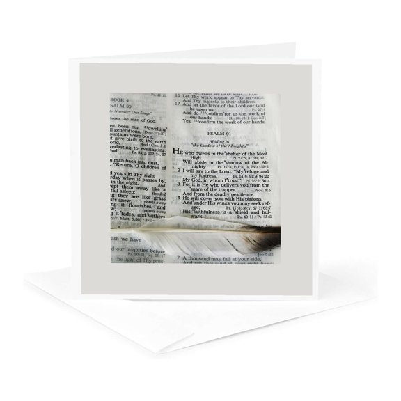 3dRose, Photograph of a bible open to Psalm 91 and marked with a large feather., 1 Greeting Card with envelope