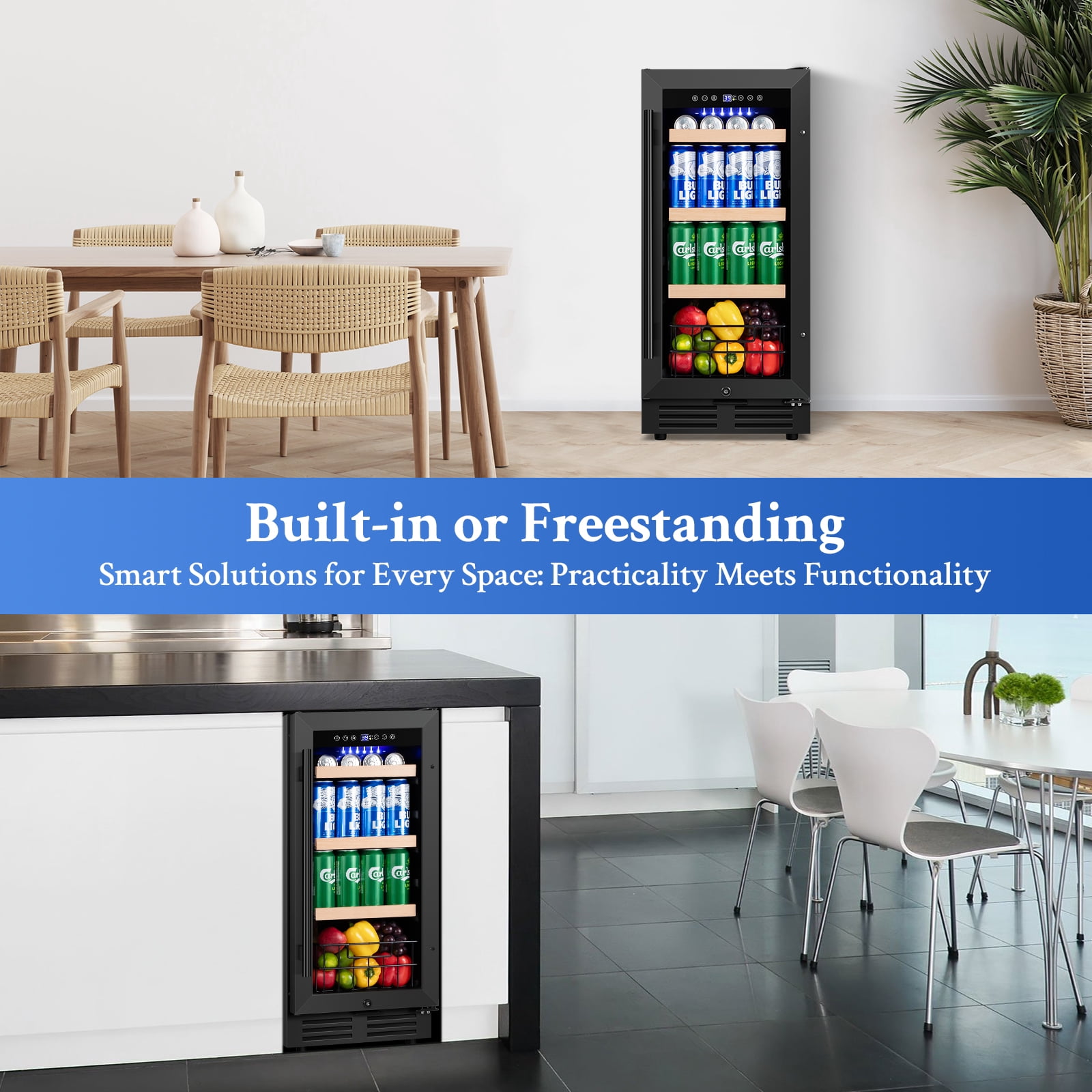 TITTLA Beverage Refrigerator with Glass Door,130 Cans 3.1 Cubic Feet Under Counter ,with Basket Design for Soda, Beer or Fruit,,Black