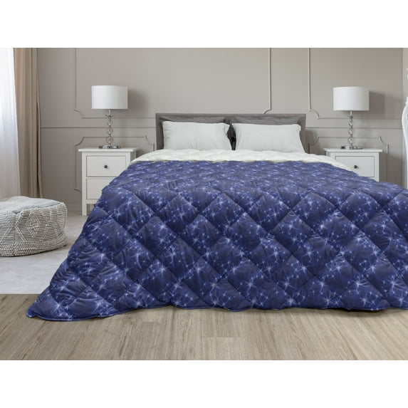 Blue Sky Down Alternative Comforter, Continuous Stripes Zentangle Clouds Shapes Stars Night Sky Elements, Microfiber Quilt for All Season, 5 Sizes, Indigo Pale Ceil Blue, by Ambesonne