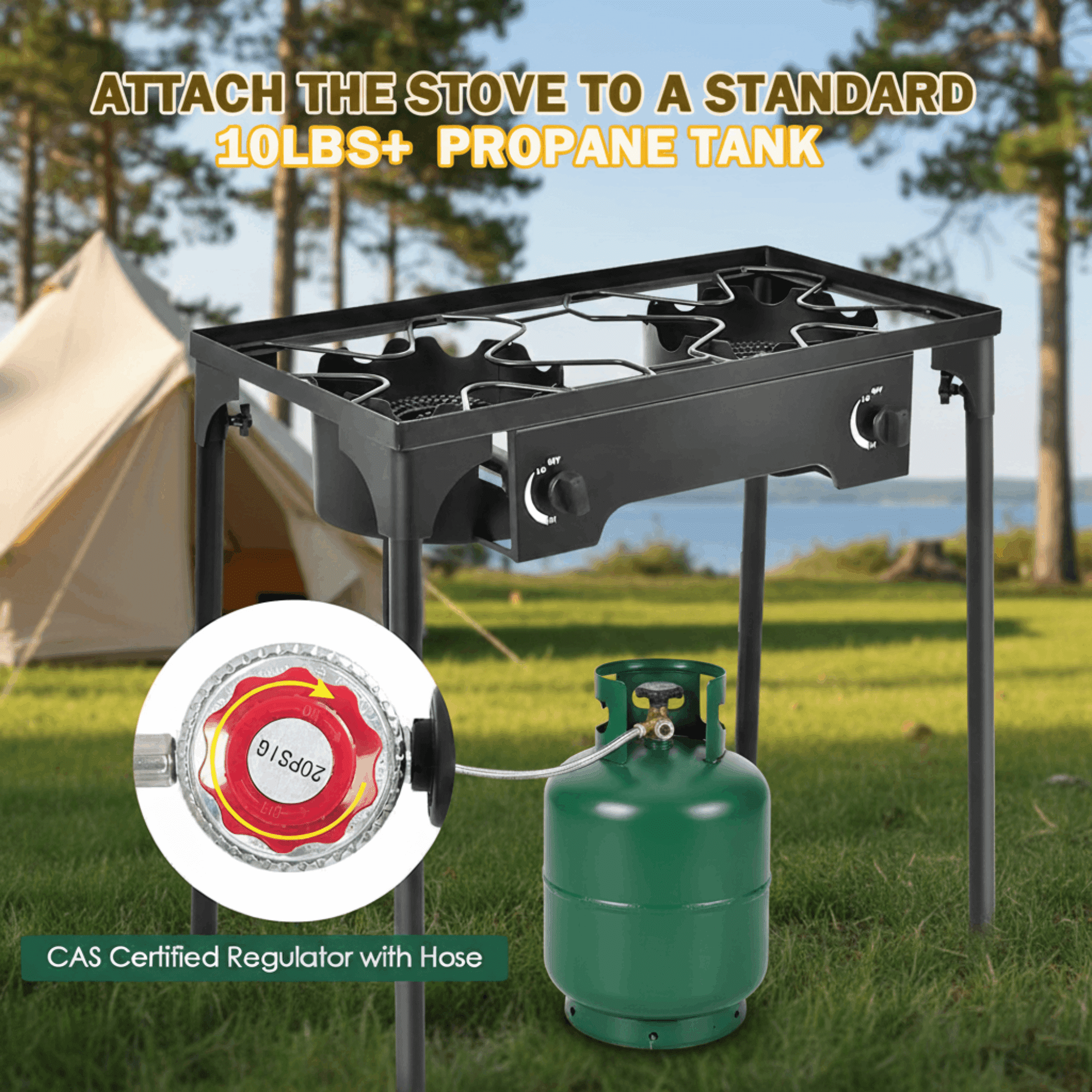 GVDV Outdoor Camping Stove, Double Burners Propane Gas Stove for Cooking BBQ Grill, 150,000-BTU, Black