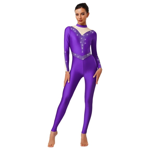 Doomiva Women's Rhinestones Long Sleeve Gymnastics Unitard Full Length Figure Ice Skating Jumpsuit Purple XXL