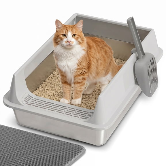 Eurhowing Cat Litter Box Stainless Steel, Extra Large High Sided Litter Box with Scoop, Rust Proof & Easy Clean Metal Litter Pan, Gray