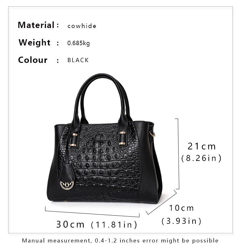 Genuine leather crocodile-patterned handbag detachable shoulder strap cross-body shoulder bag large capacity women's purse (blue)