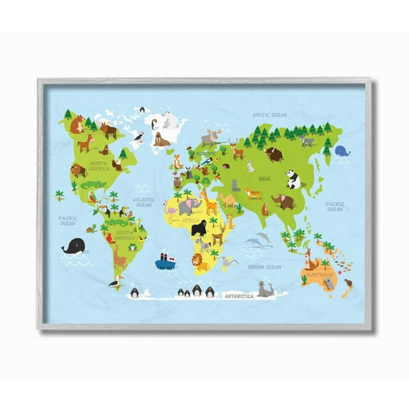 The Kids Room by Stupell World Map Cartoon And Colorful Framed Wall Art by In House Artist