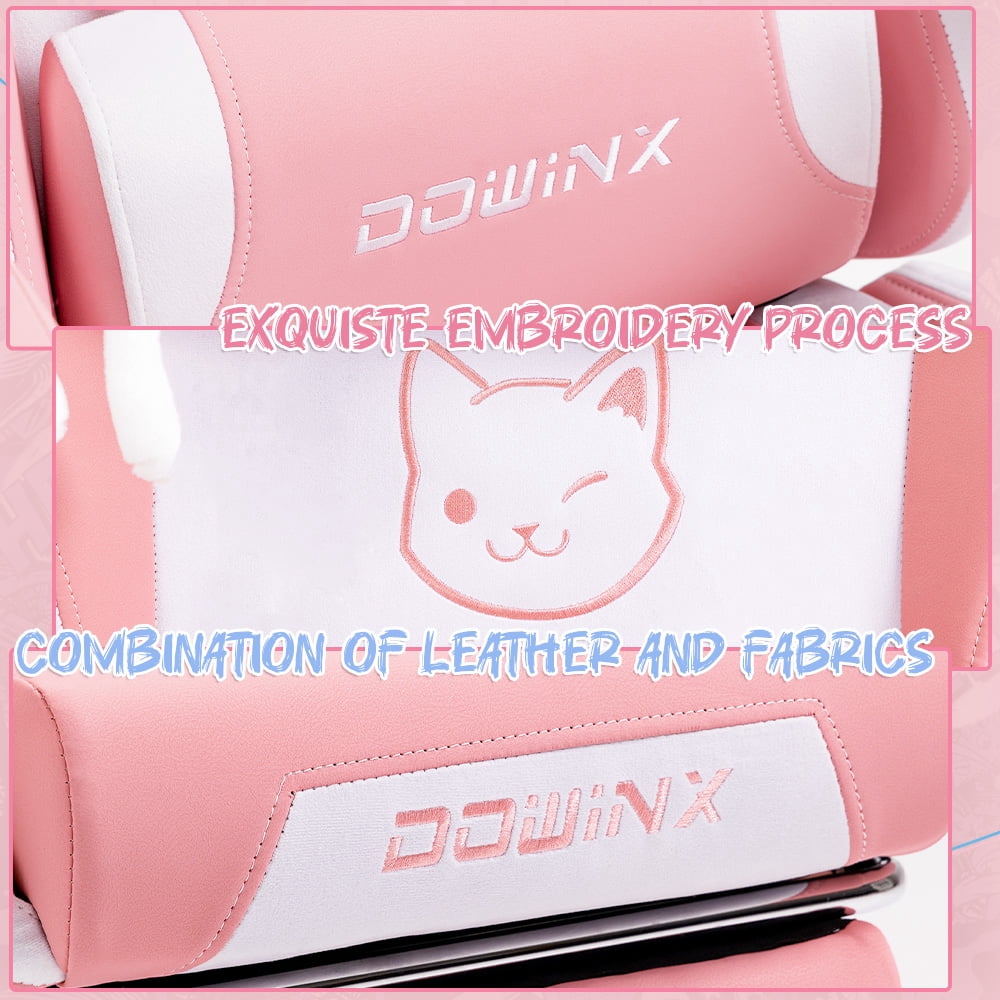 KARXAS Adult Cat Leather PC Gaming Chair with Massage Lumbar and Footrest,  Pink