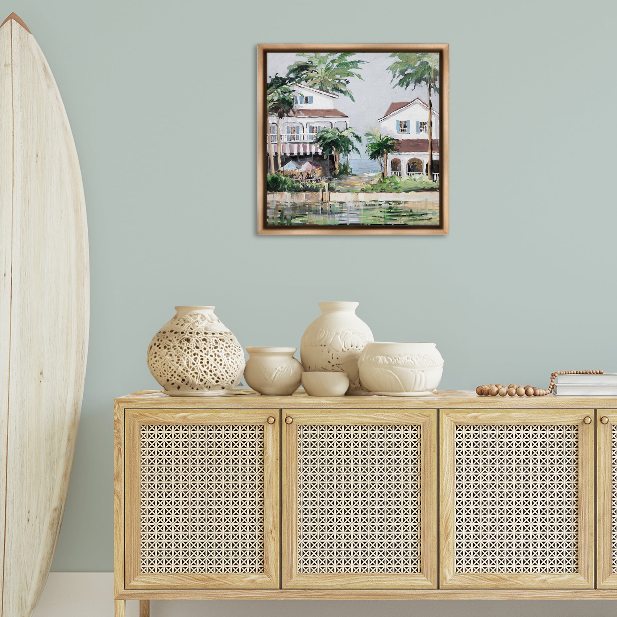 Stupell Industries Coastal Bay Cottages Coastal Painting Brown Floater Framed Canvas Art Print Wall Art, 25 x 25