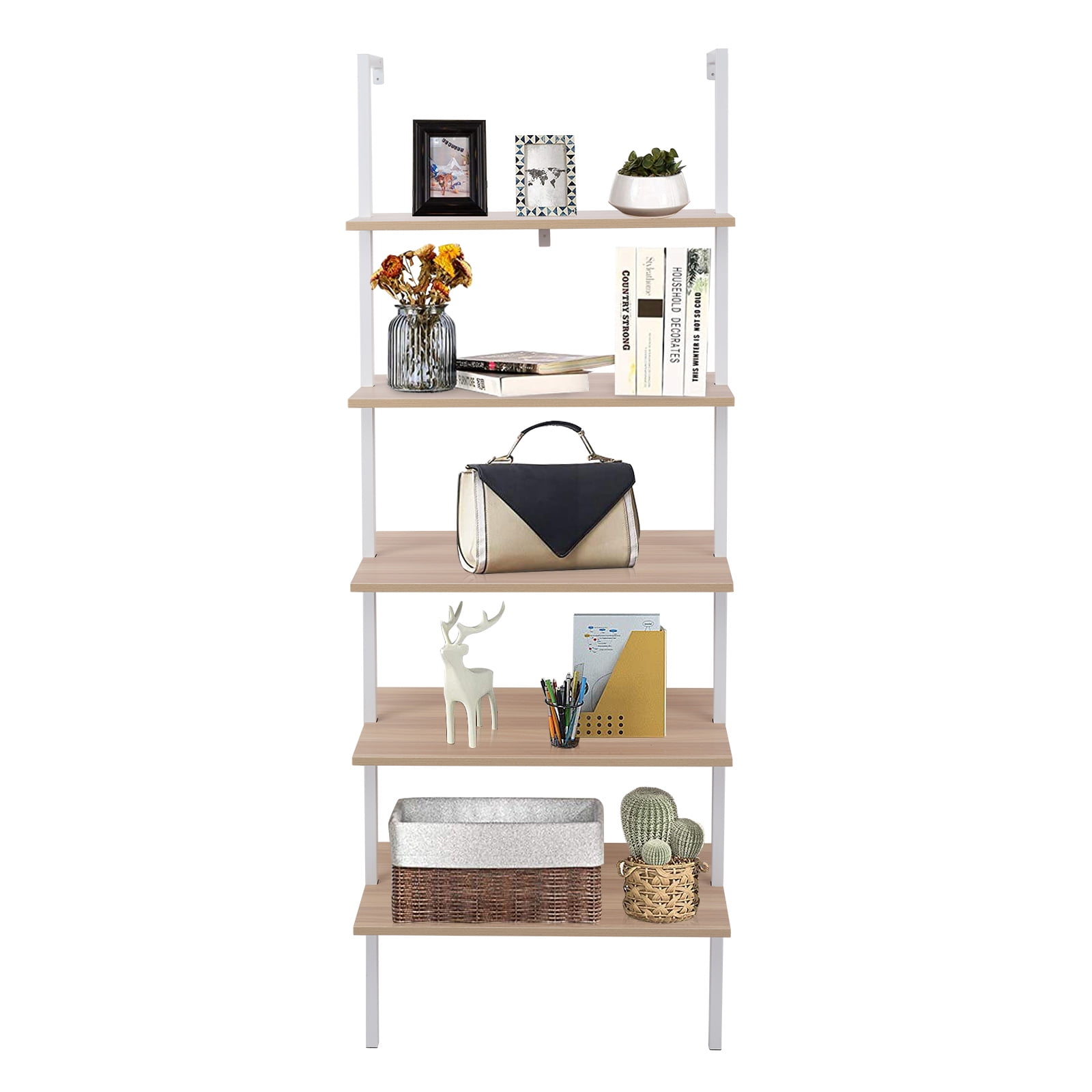 5-Shelf Wood Ladder Bookcase with Metal Frame, Industrial 5-Tier Modern Ladder Shelf Wood Shelves, For Living Room, Bedroom & Office​ Walnut