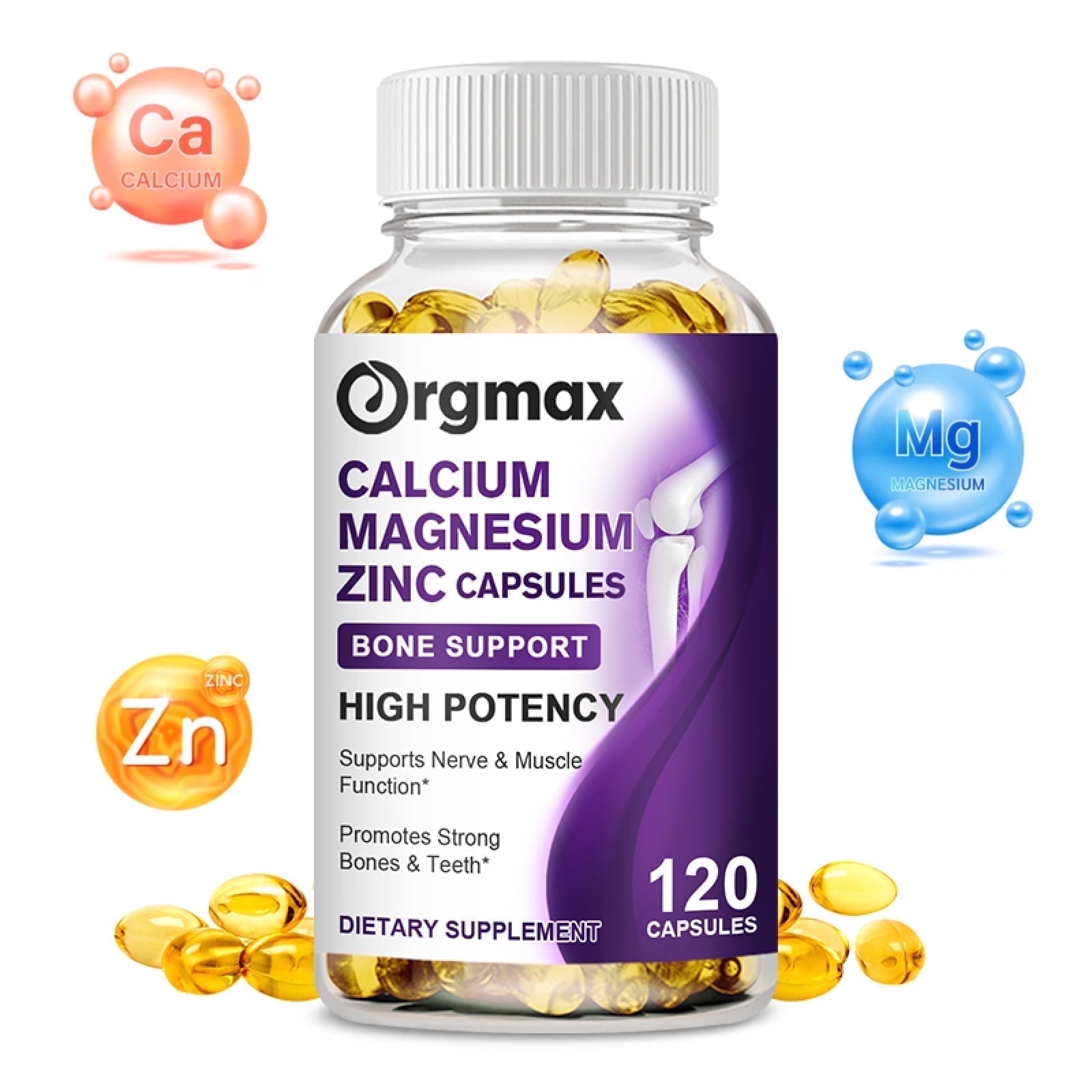 Orgmax Calcium Magnesium Zinc Capsules with Vitamin D3 Supplement - 120 Capsules