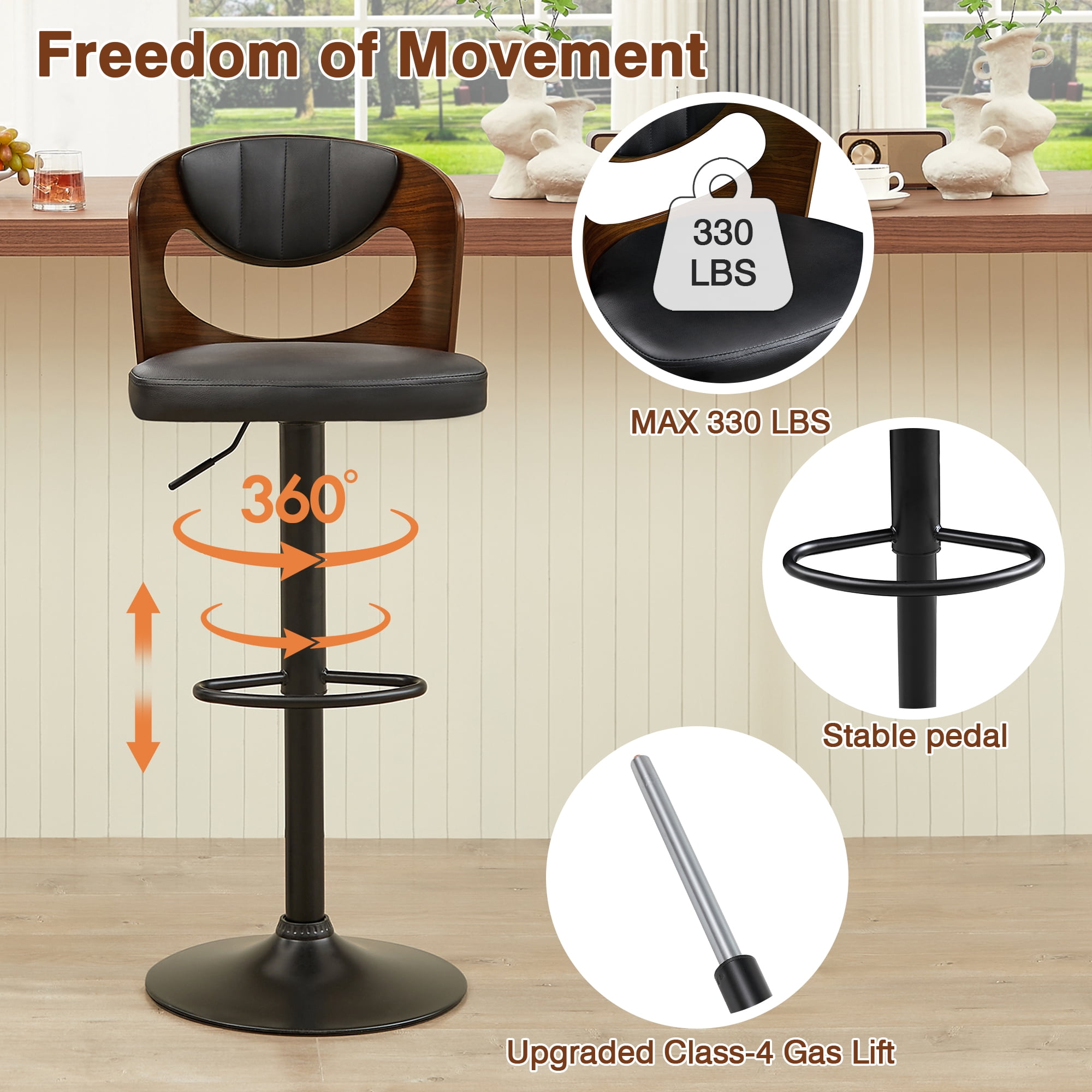 VECELO Mid-Century Bar Stools Set of 4, Modern Swivel and Adjustable Counter Height Kitchen Bar Chair with Bentwood Back, Black