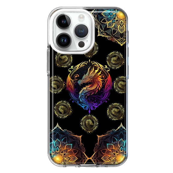 MUNDAZE Case for Apple iPhone 15 Pro Max Slim Hard Shell Soft TPU Hybrid Shockproof Heavy Duty Protective Phone Cover - Mandala Geometry Abstract Dragon Pattern