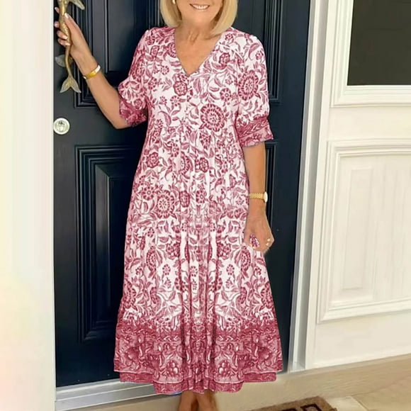 LOVZFMLL Women's Fashion Casual Spring Summer Short Sleeve Floral Printing V-Neck Ankle Dress Pink S