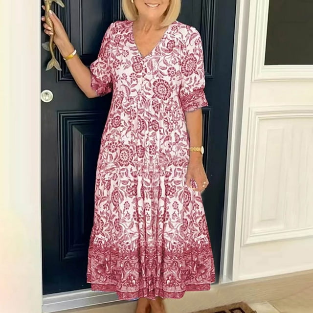 LOVZFMLL Robe à la Cheville pour Femme, Mode Décontractée, Printemps Été, Manches Courtes, Imprimé Floral, Col en V, Rose, M