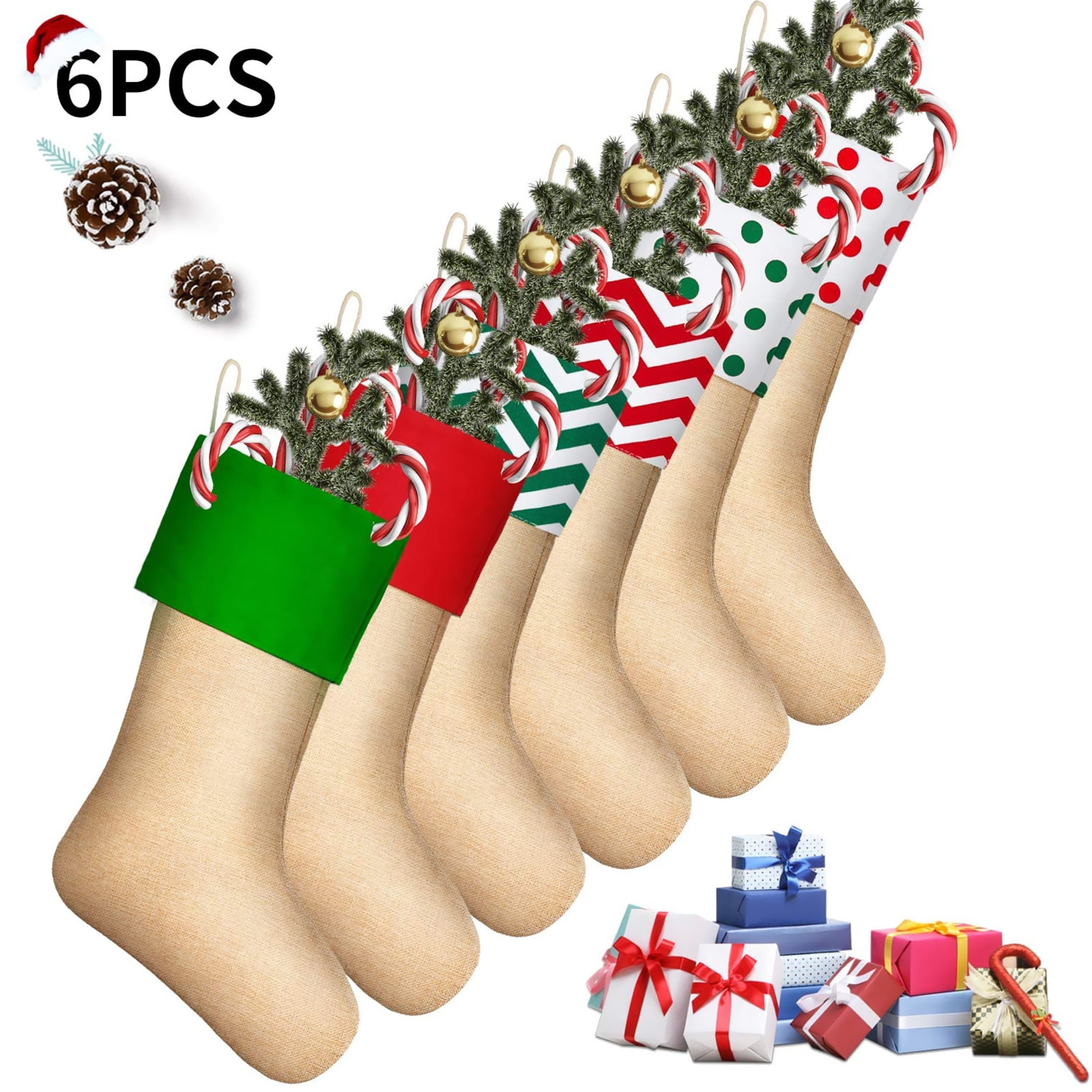 KKSQ 6 Pack Christmas Stockings 22/11.8 inch Linen Wave Point Ripple