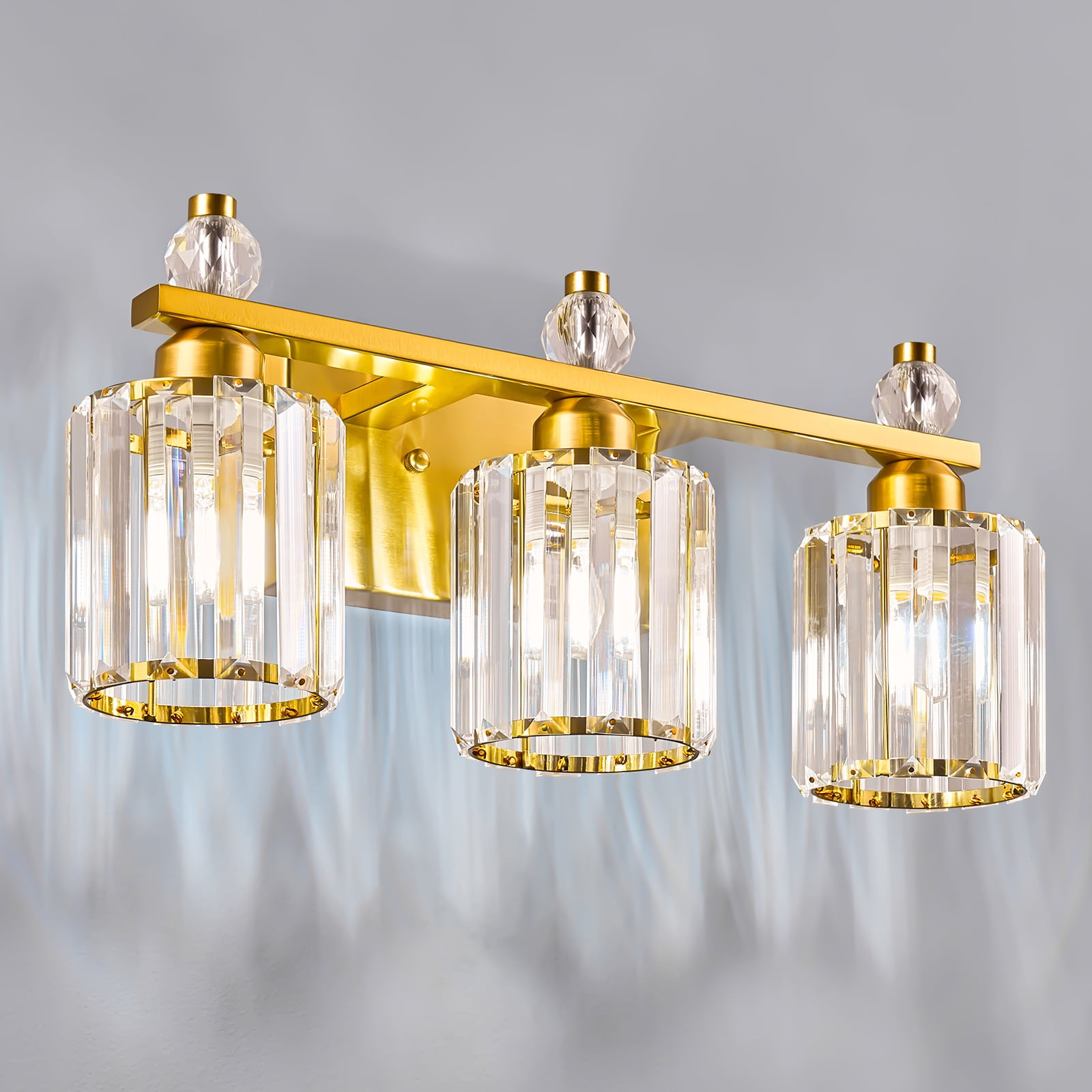Deyidn 3-Light Gold Bathroom Light Fixtures,Modern Bathroom Vanity Lights Fixture with Clear Crystal Glass Shade, Modern Crystal 3 Lights Wall Sconce for Mirror Bedroom Living Room