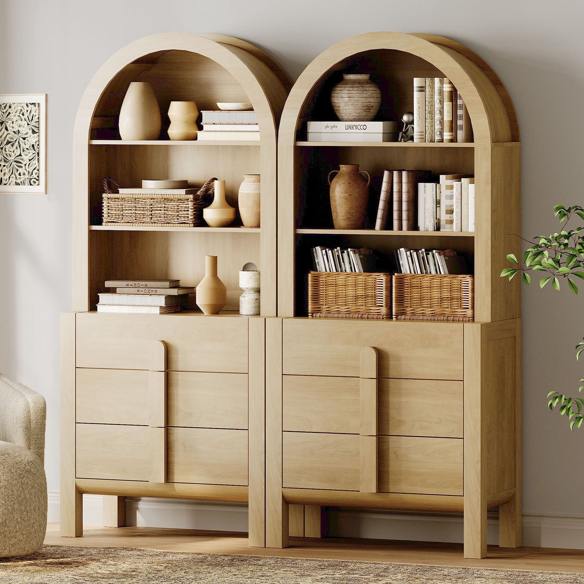71” Tall Arched Bookshelf Set of 2, Modern 3 Tier Bookcase with Open Storage, Wooden Display Cabinet with Drawer and Adjustable Shelves, Versatile Bookshelf for Living Room, Study, Office