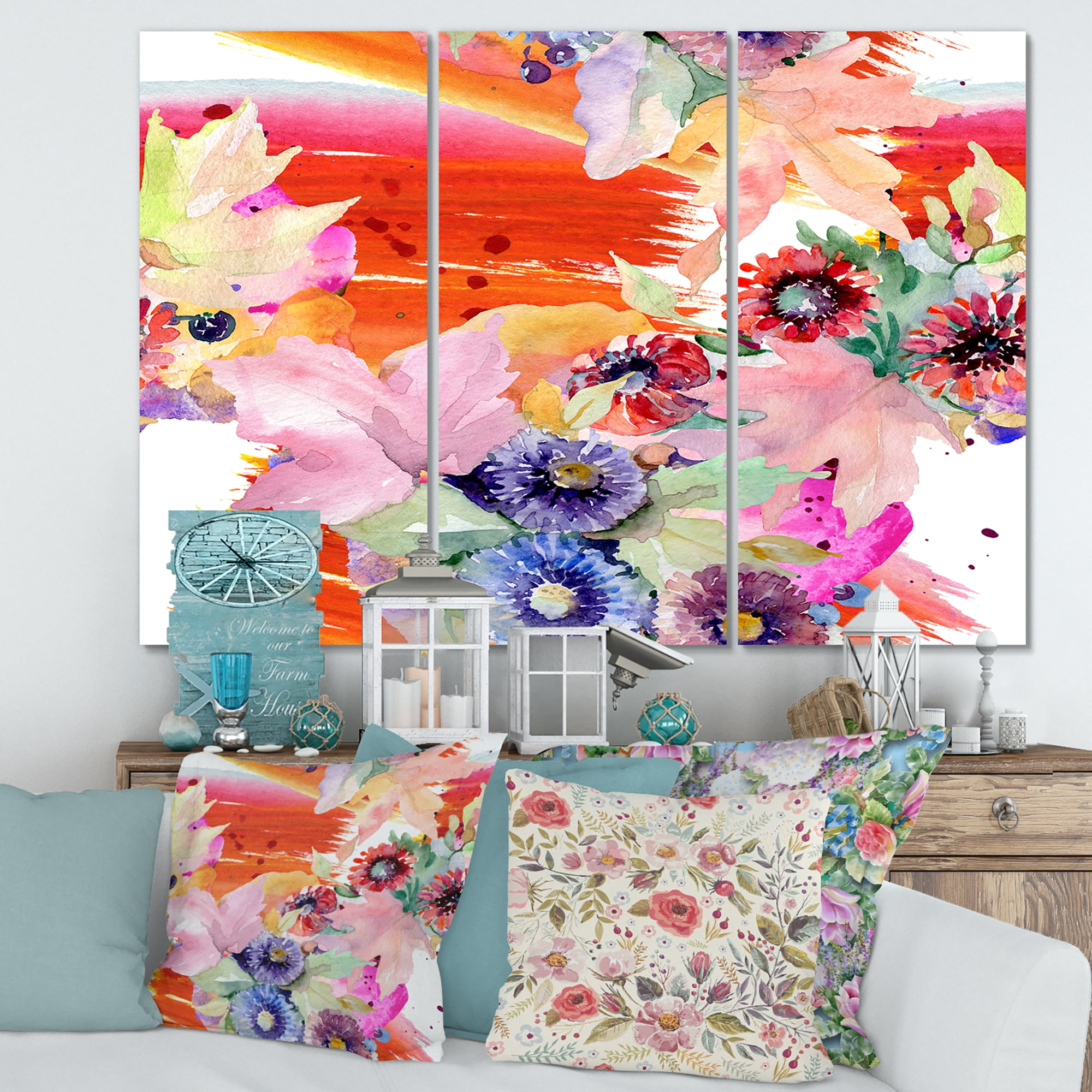 Designart ' Wildflowers and Vibrant Wild Spring Leaves VII ' Modern Canvas Wall Art Print