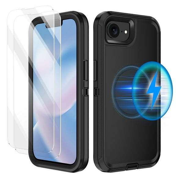 I-HONVA for iPhone 16e Magnetic Case,[Compatible with MagSafe] [with 2 X Screen Protector ] Shockproof Heavy Duty Protection Phone Cover for Apple iPhone 16e 2025 6.1 inch,Black