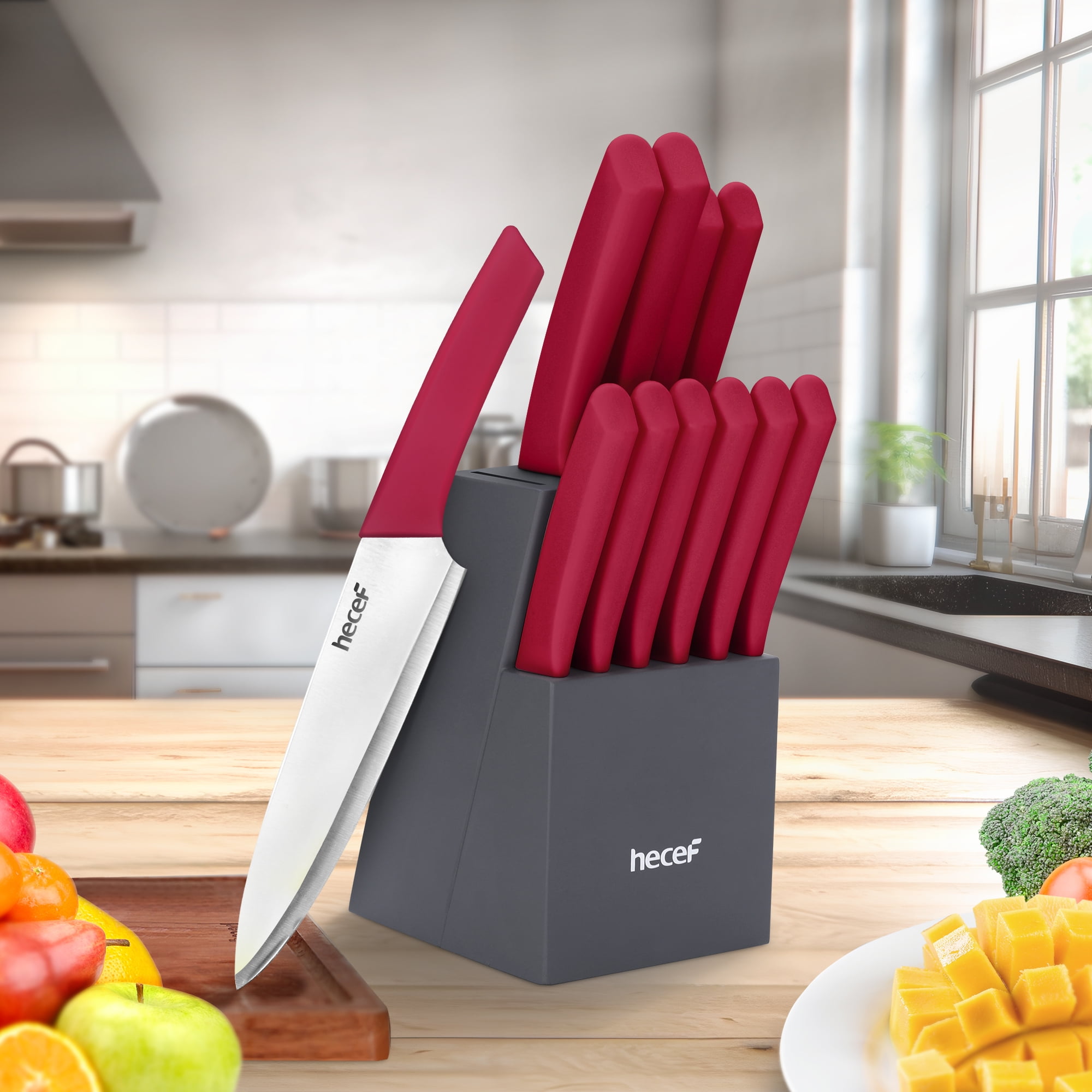 Hecef 12 Pcs Kitchen Knife Set with Wooden Block, Steak Knives, Stainless Steel Chef Knife