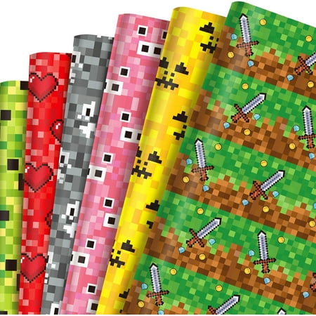 12 Sheets Pixel Style Gift Wrapping Paper,Pixel Pattern Wrapping Paper For Video Game Party Birthday Party DIY Gift Packing, 20 x 27 Inch