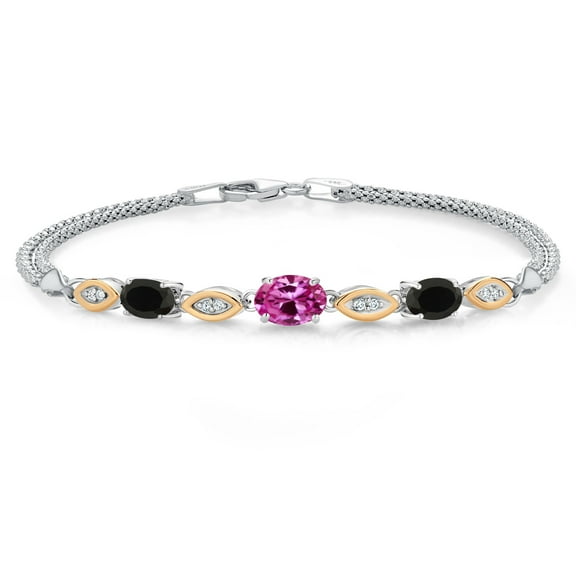 925 Silver and 10K Yellow Gold Pink Created Sapphire and Black Onyx and White Lab Grown Diamond Bracelet for Women (1.76 Cttw, Gemstone September Birthstone, Oval, Wheat Chain, 7.5 inches)