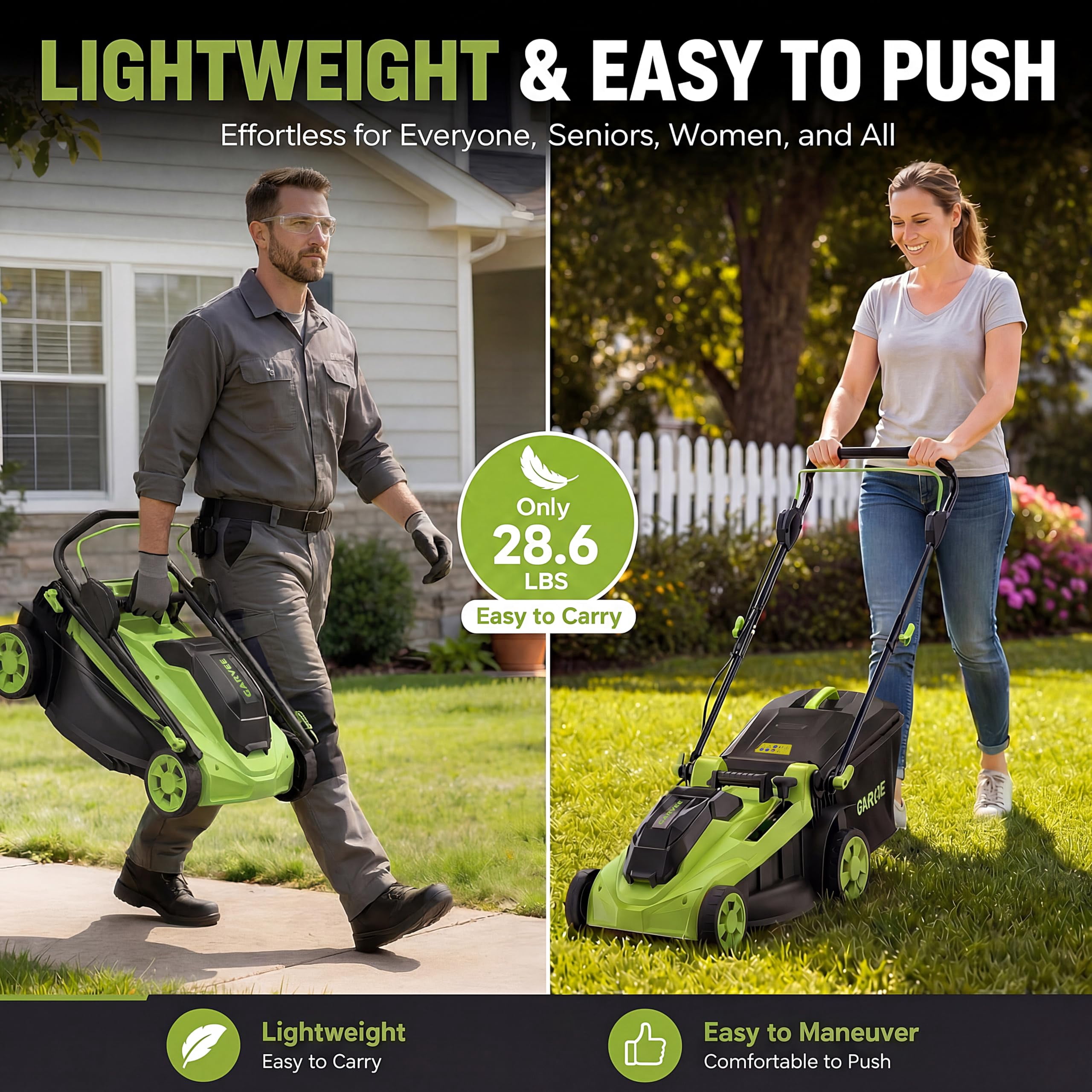 40V Cord-free Push Lawn Mower, 17" Deck - 6 Height Settings - Mulching & Bagging - Lightweight Walk-Behind for Small to Medium Lawns - 40L Grass Bag - Black + Green 2290u