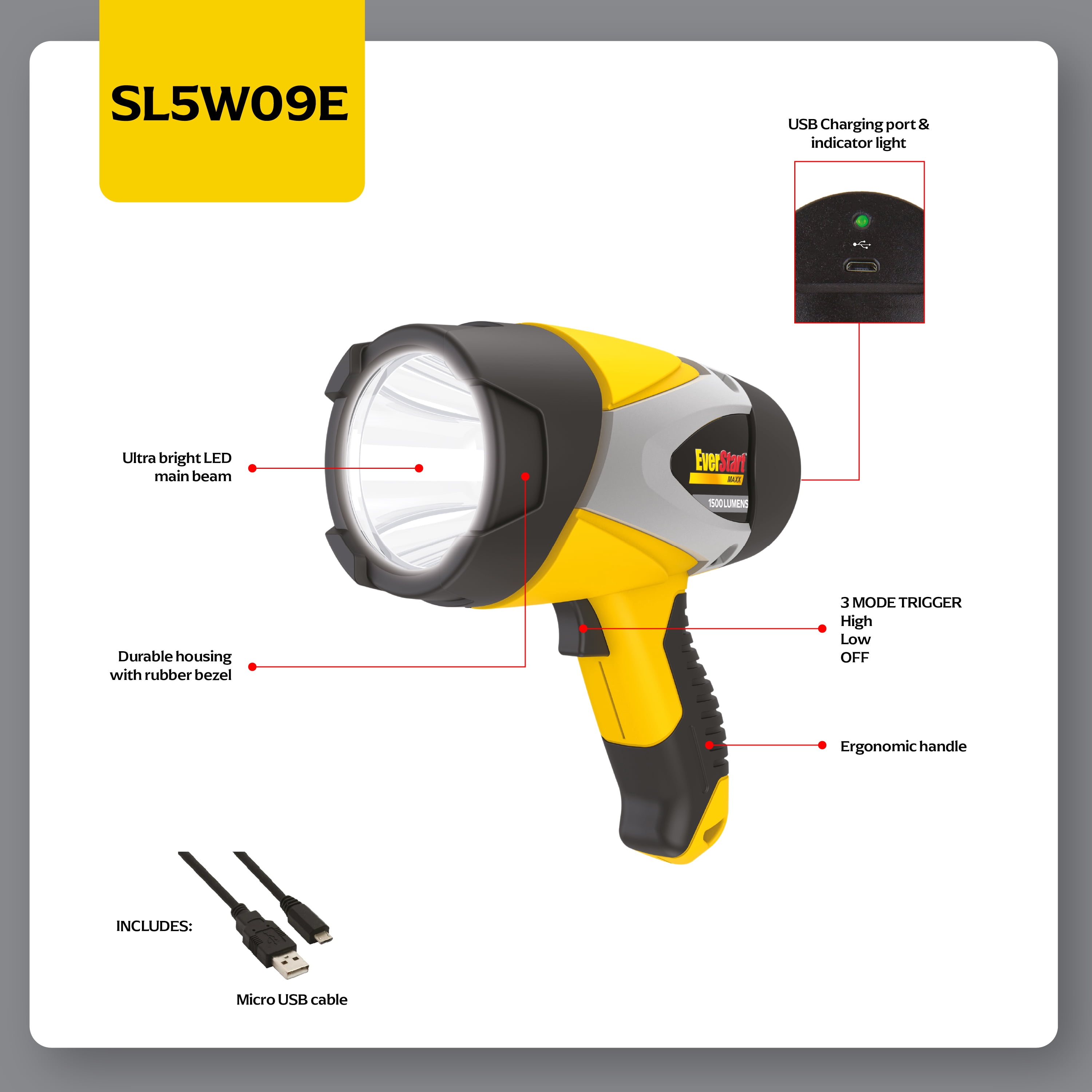 EverStart SL5W09E 1500 Lumen Brightness Rechargeable Spotlight