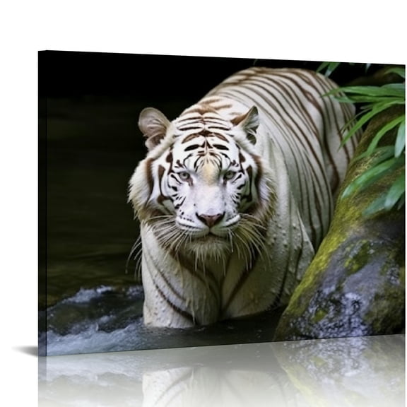 COMIO White Tiger Picture Decor for Bedroom, PIY Gorgeous Wall Art of Ivory Tigress in Pond, Wild Life Theme Canvas Painting Prints on Canvas Waterproof Artwork, Bracket Mounted Ready to Hang