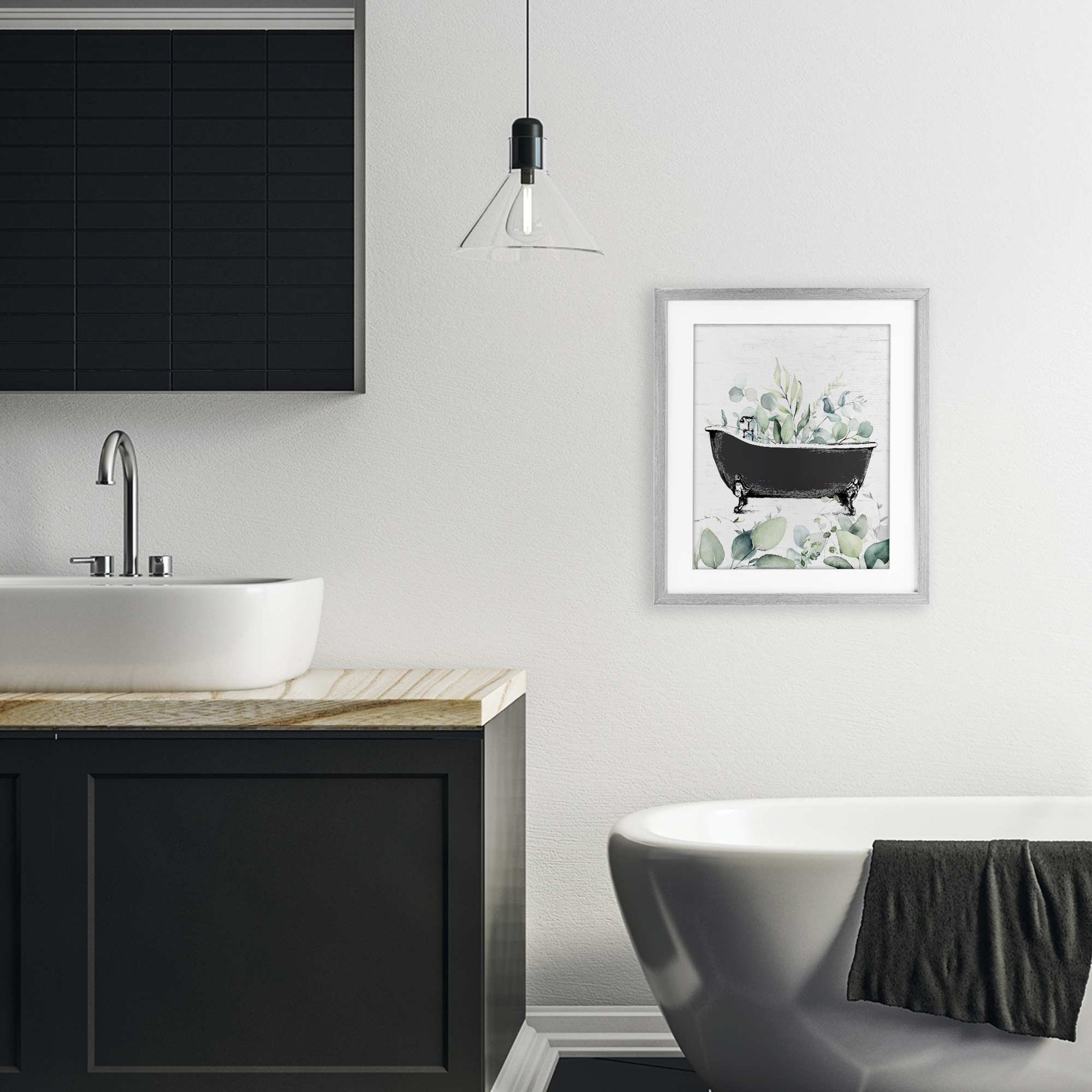 Eucalyptus Leaves Bathtub Gray Framed Print Under Glass, design by Lettered and Lined