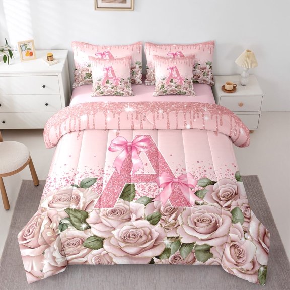Manfei Monogrammed Letter 7-Piece Twin Bedding Sets,Bow Flower Bedding Comforter Set,Bling Glitter Breathable Sheet Sets,Super Cozy Floral Room Decor,Reversible