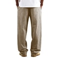 thumbnail image 4 of JUUYY Men's Cotton Linen Striped Pants Loose Wide Leg Casual Trousers with Pockets Drawstring Elastic Waist Lightweight Beach Pants Khaki L, 4 of 8