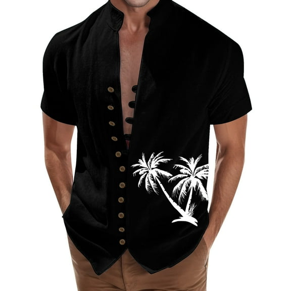 Baqcunre Shirts For Men Beach Holiday Shirt Mens Cuff Button Stand Collar Shirt Hawaiian Shirt For Men Tops For Men Black L