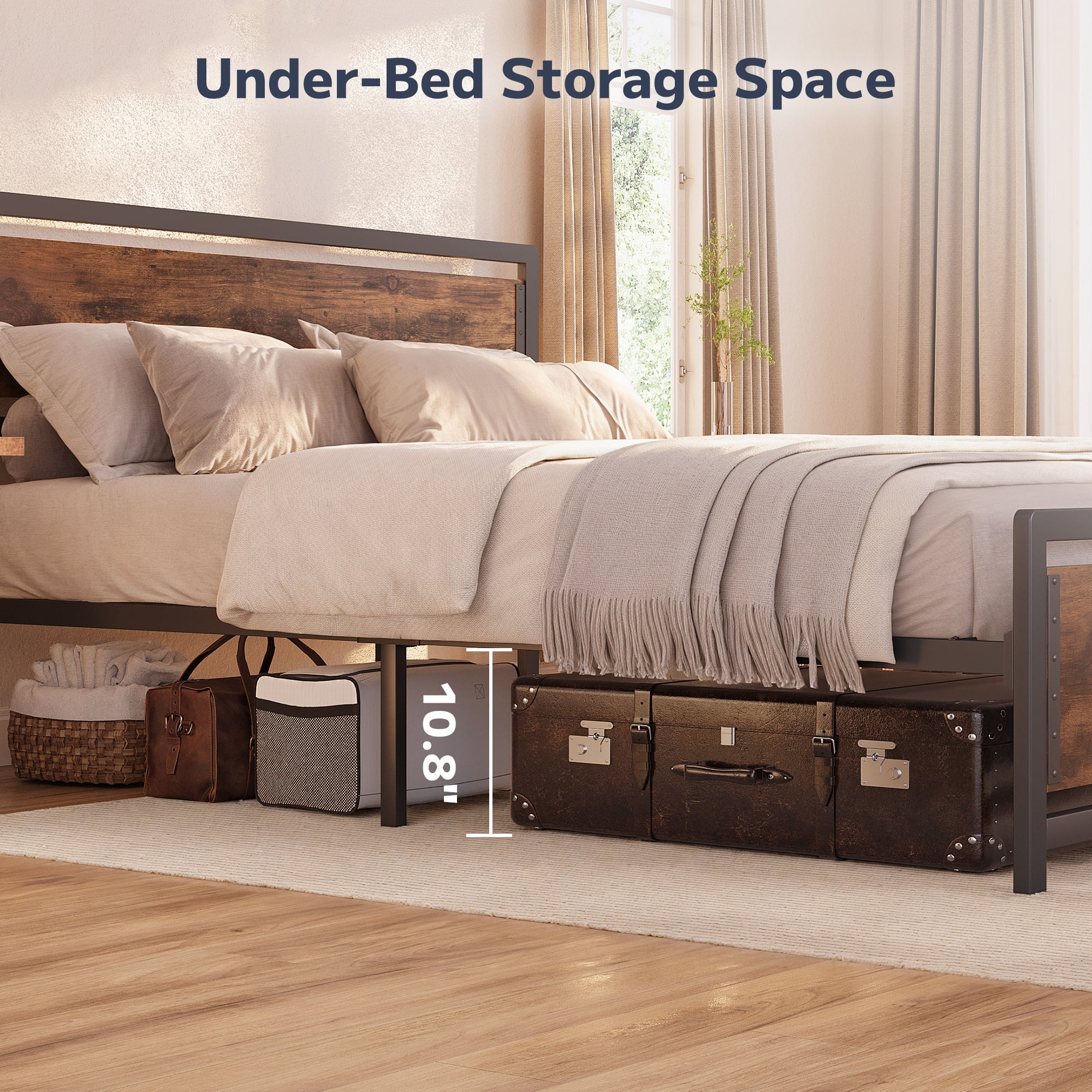 Asofer Full Metal Platform Bed Frame with Wooden Headboard, Large Underbed Storage, Brown