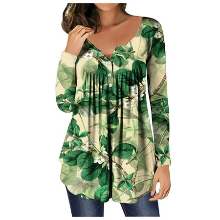 

Fall Tops That Hide Belly Fat for Women Long Sleeve Casual Floral Printed Henley V Neck Shirts Peplum Tunic Top