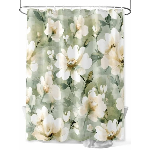 Retro White Shower Curtain, Floral Blooming Watercolor Sage Green Oil Paint Waterproof Shower Curtain Set with 12 Hooks Lightweight Washable Fabric Shower Curtains for Bathroom 72x78 Inches