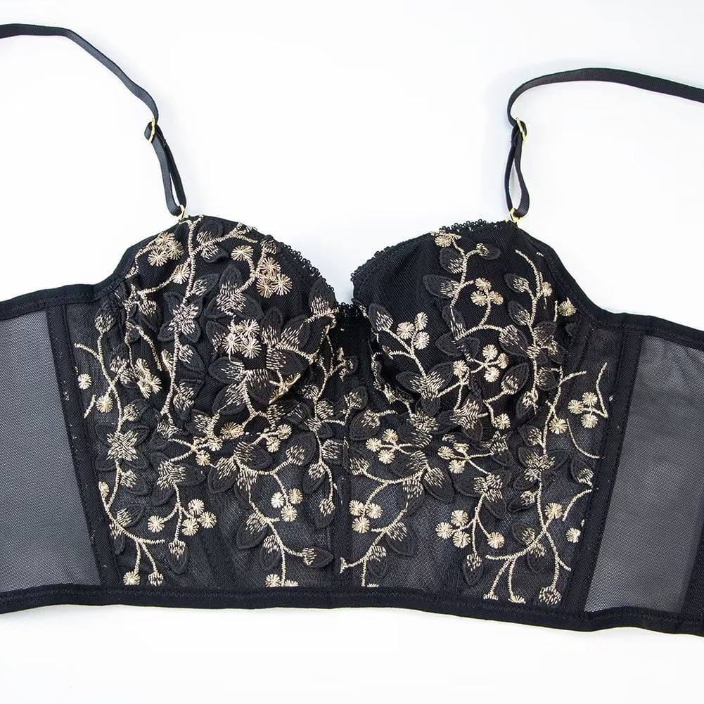 Women Lingerie Set Flower Embroidery Bralette and Panty Set Removable Chest Pad Underwear