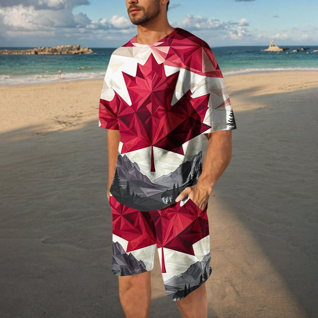 Weiqiqre Drapeau du Canada Tee-Shirt à Manches Courtes pour Hommes T-Shirt Classique Imprimé Col Rond Ensemble Chemises et Shorts