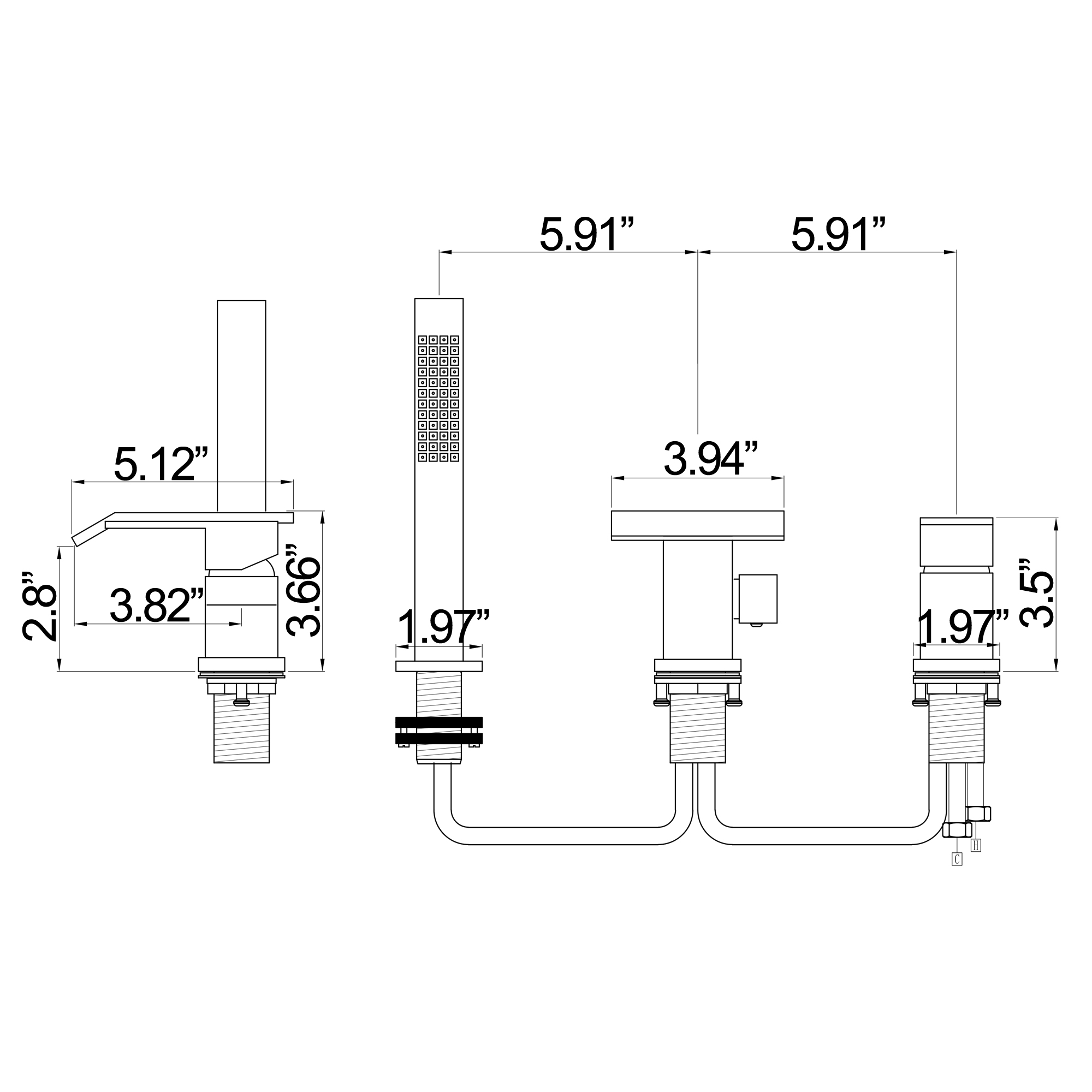 Three Holes Deck Mounted Roman Bathtub Faucet with Hand Shower, Widespread Waterfall Tub Filler