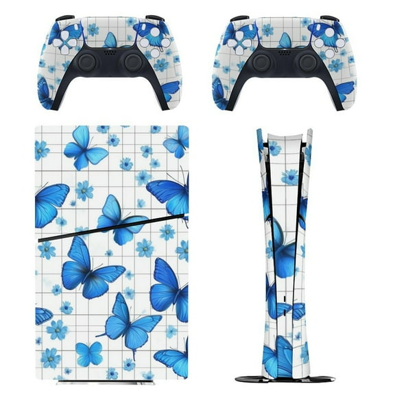 Skin Sticker for PS5 Slim Standard Disc Digital Edition Console and Controllers Decals for Playstation 5 (Blue Butterfly Flower,PS5 Slim)