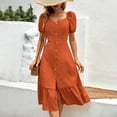 thumbnail image 4 of ZQUUVOU Women's Square Neck Midi Dress Puff Sleeves Button Front Ruffle Hem Elegant Sundress Casual Summer Beachwear Brown, 4 of 6