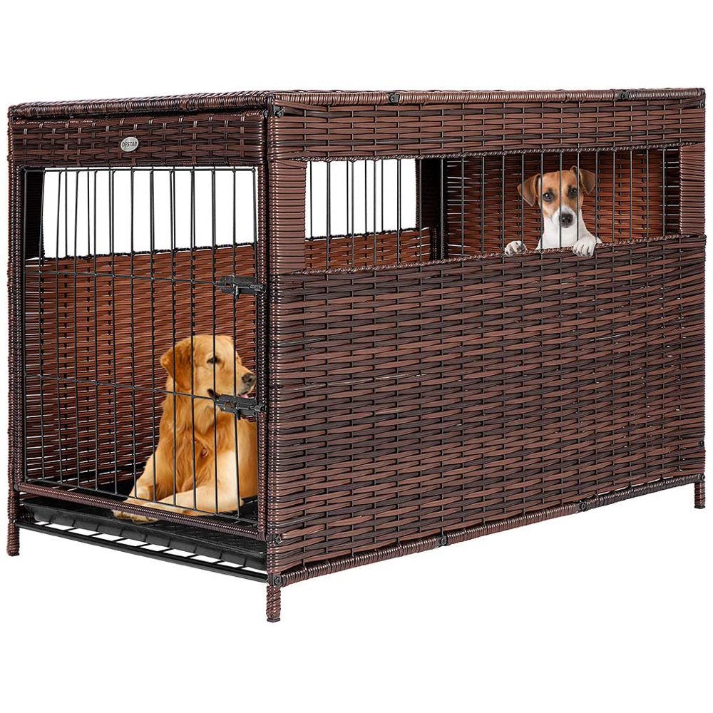 DEStar Heavy Duty PE Rattan Wicker Pet Dog Cage Crate Indoor Outdoor