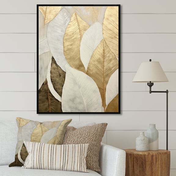 Designart "Collage Of Minimalism In Gold Leaves III" Leaves Floater Framed Canvas Wall Art