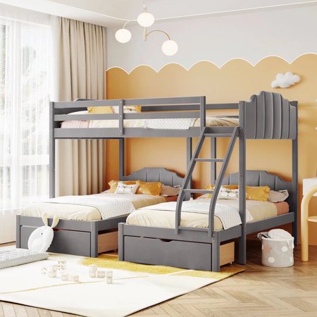 Full Over Twin & Twin Triple Bunk Bed for 4  Velvet Wooden Bunk Bed Frame with Drawers and Guardrails  3 Beds in 1 for Kids Teens Adults  Maximized Space  Gray