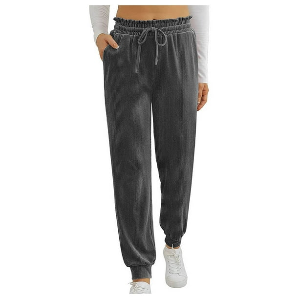 Pantalones rectos largos de cintura elástica sólida informal de pana para mujer Fridja hfkajh100085