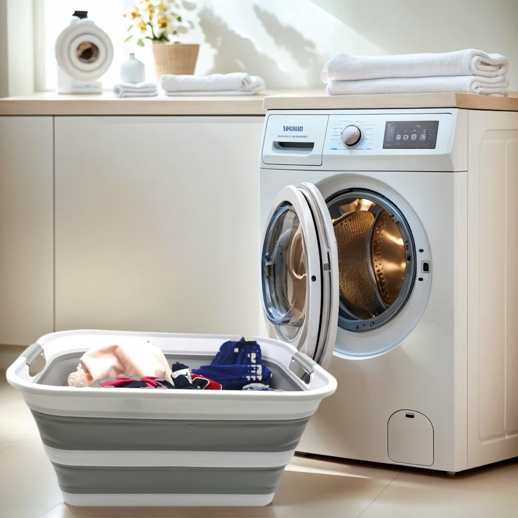 CHTER 42L Set of 2 Collapsible Plastic Laundry Basket - Foldable Pop Up Storage Container/Organizer - Portable Washing Tub - Space Saving Hamper/Basket (Grey, 2)