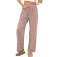 thumbnail image 6 of Lenpel Wide Leg Pants for Women Elastic High Waisted Drawstring Plaid Palazzo Pants Baggy Casual Trousers with Pockets(Pink,Small), 6 of 7