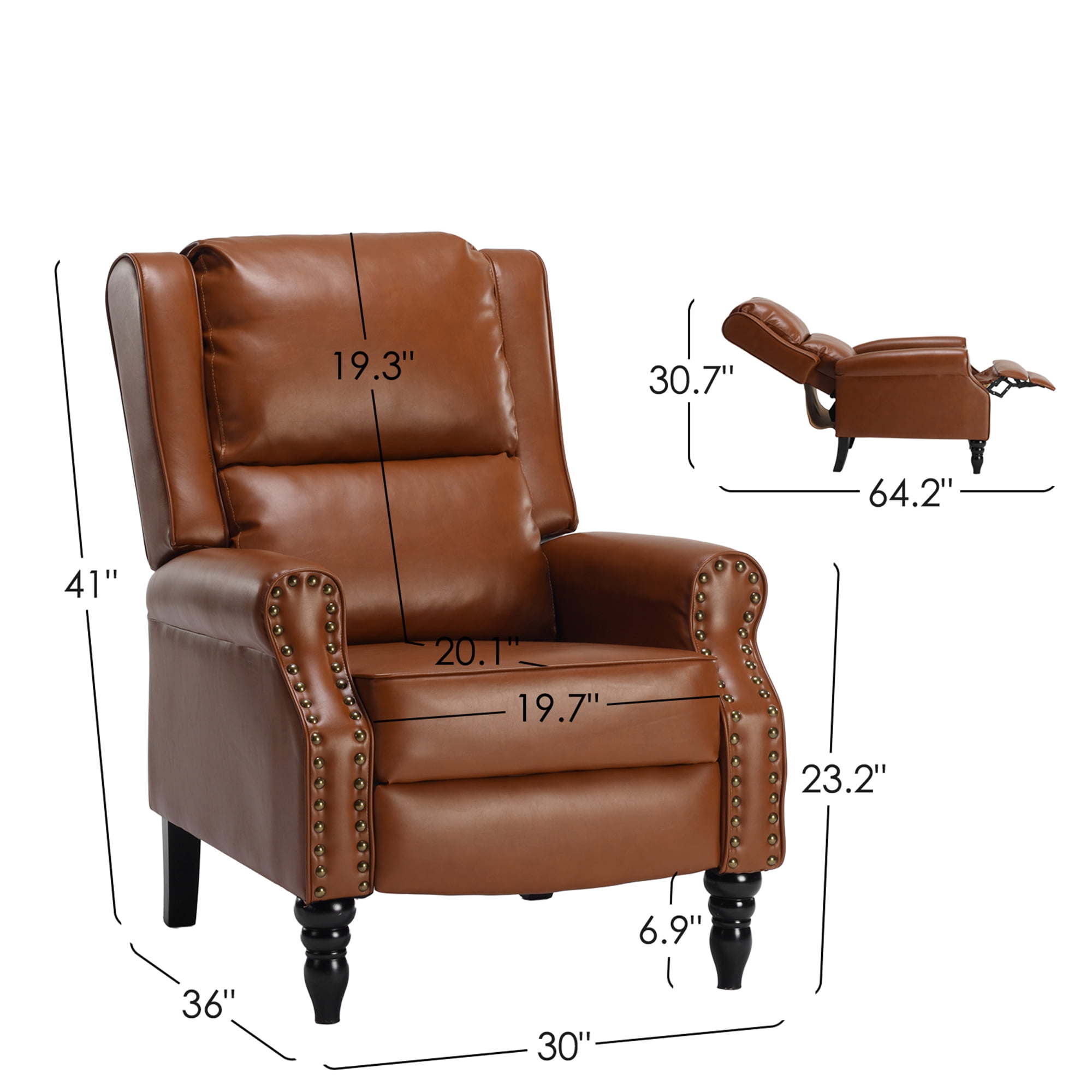 MAYEERTY Whiskey Brown Faux Leather Pushback Recliner Chair, Ergonomic Design for Living Room, Bedroom & RV