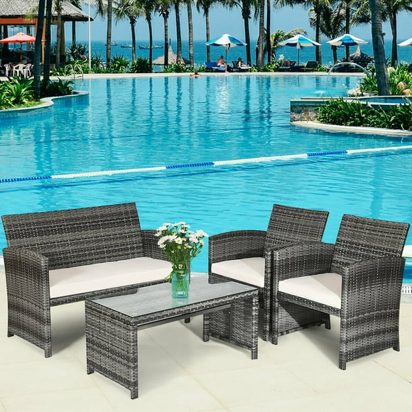 Costway Ensemble de Mobilier de Patio en Rotin 4 Pcs Canapé de Jardin Siège Coussiné Osier Gris Mixte