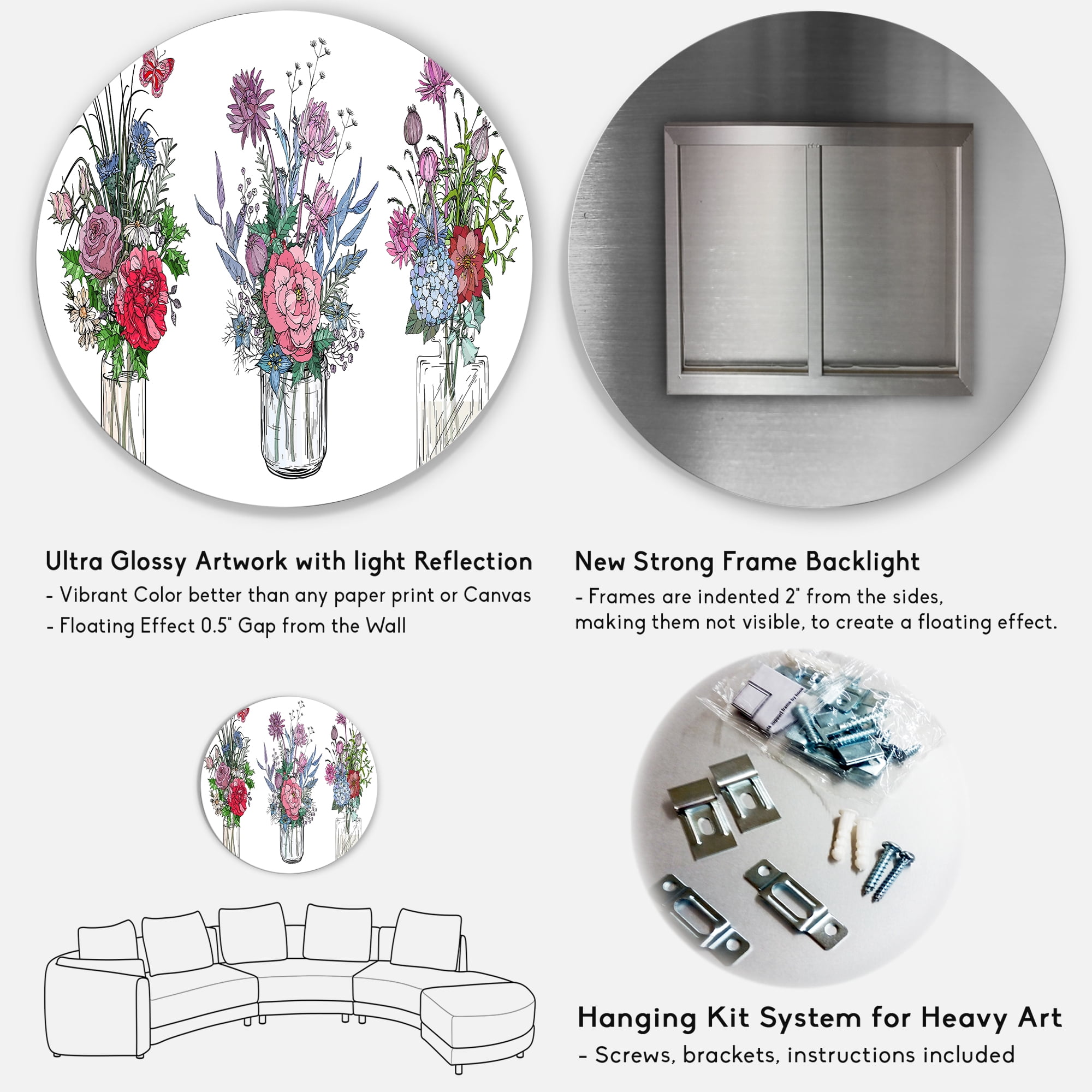 Designart 'Transparent Vases With Bouquets of Wildflowers I' Farmhouse Circle Metal Wall Art 29x29 - Disc of 29
